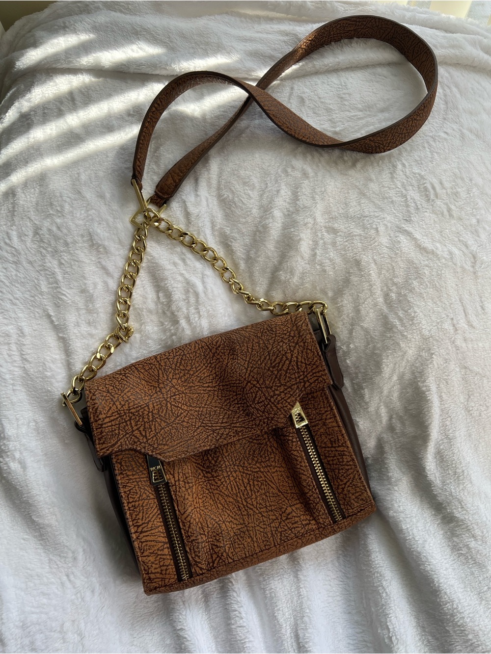 Textured Brown Crossbody Bag with Gold Chain Detail